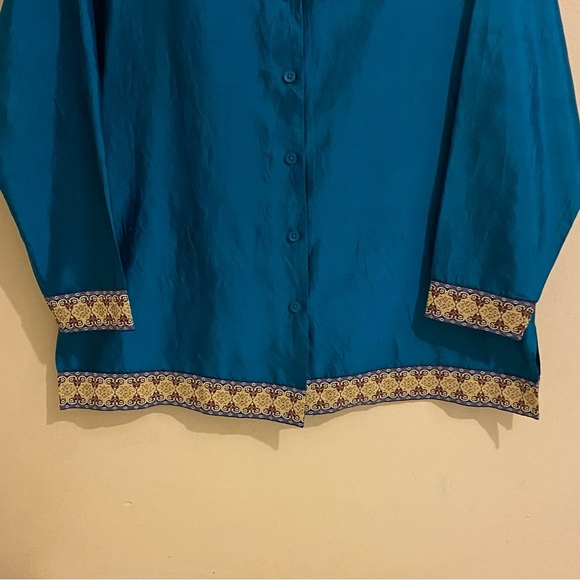 Silk Lore Button Up Shirt Size L 100% Silk Long Sleeve Embroidered Blouse - Picture 4 of 12